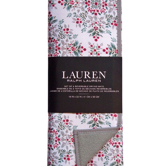 Lauren Set of 2 Reversible Drying Mats Holly Berries Leaves Winter Holidays NIP - Picture 1 of 5